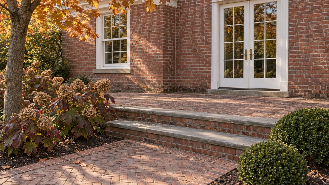 Autumn light on a red-brick home, closed white French doors, and a weathered brick garden terrace bordered by burgundy oakleaf hydrangeas.