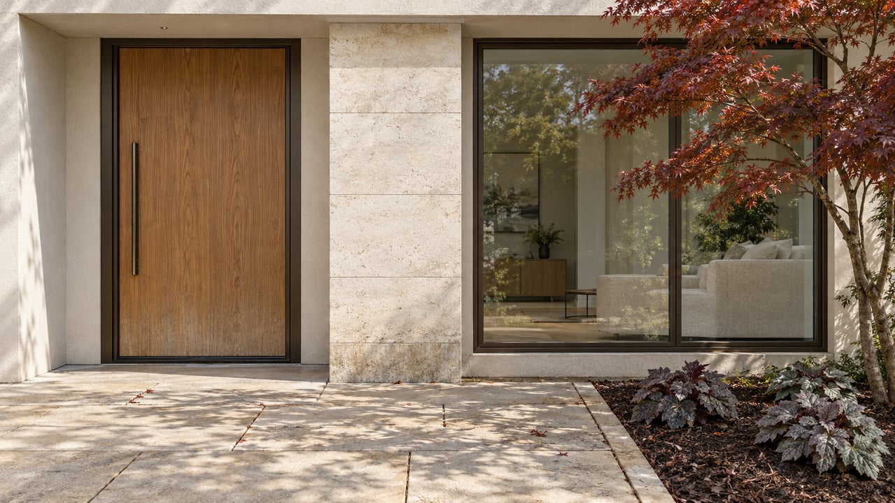 Oak entry door and dark-framed living-room window beneath a pale stucco overhang, beside limestone paving and a red-leaf Japanese maple.