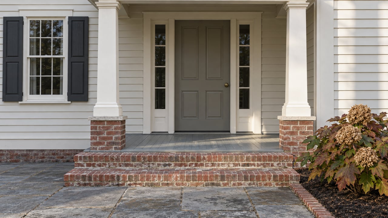 Ivory clapboard entrance with paired sidelights, weathered brick steps, and russet oakleaf hydrangea leaves in morning light.