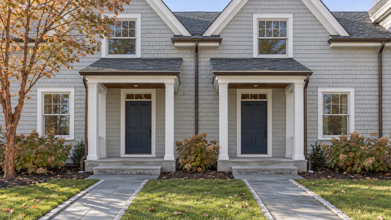 Two pale-gray shingled attached homes with covered navy-door entries, bluestone paths, and autumn planting.