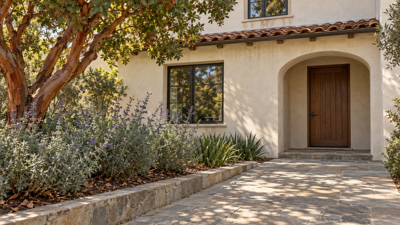 Cream stucco home with a recessed arched walnut entry, clay roof tiles and a sandstone garden approach beside a mature strawberry tree.