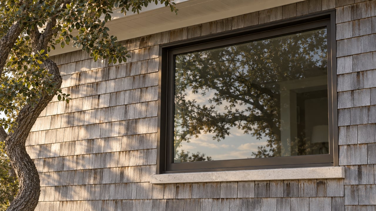 Bronze-framed window in weathered cedar shingles, reflecting the canopy of a live oak.