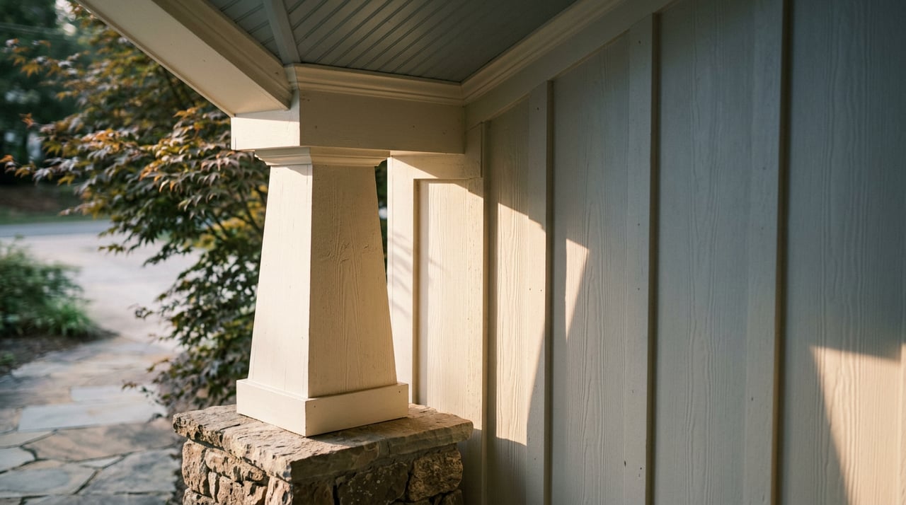 Porch corner with a tapered painted column, board-and-batten siding, black-framed window, and bluestone step.