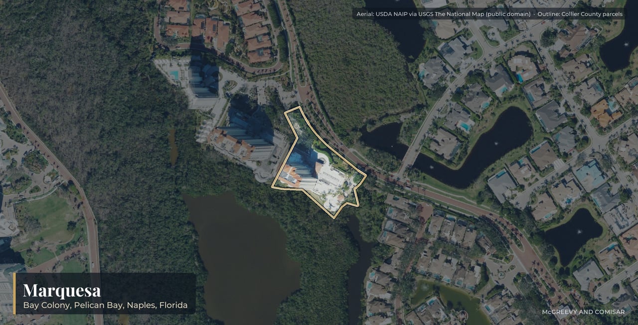 Aerial view of Marquesa at Bay Colony, Naples, Florida, with its parcels outlined