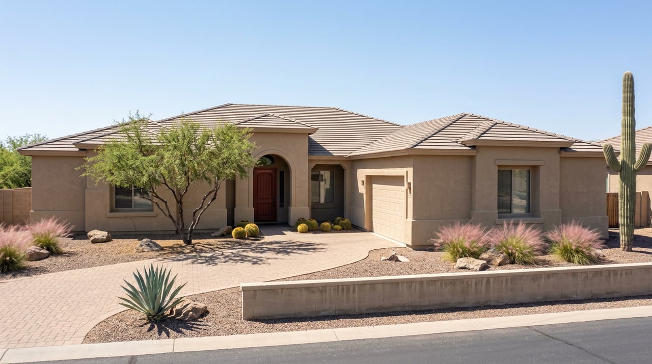 Tan stucco home with a red entry door, curved paver driveway, Palo Brea tree, cacti, and a Saguaro.