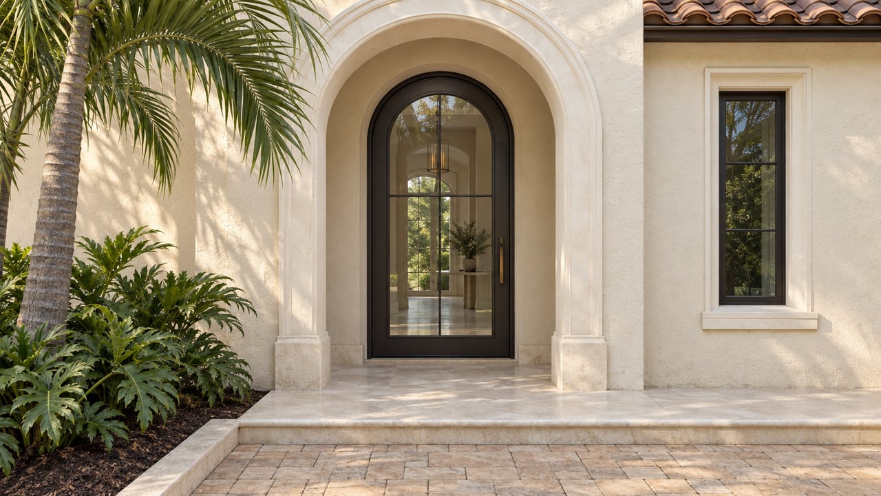 Sunlit cream stucco entry with an arched glass door, pale limestone step, tan stone pavers and a sculptural palm.