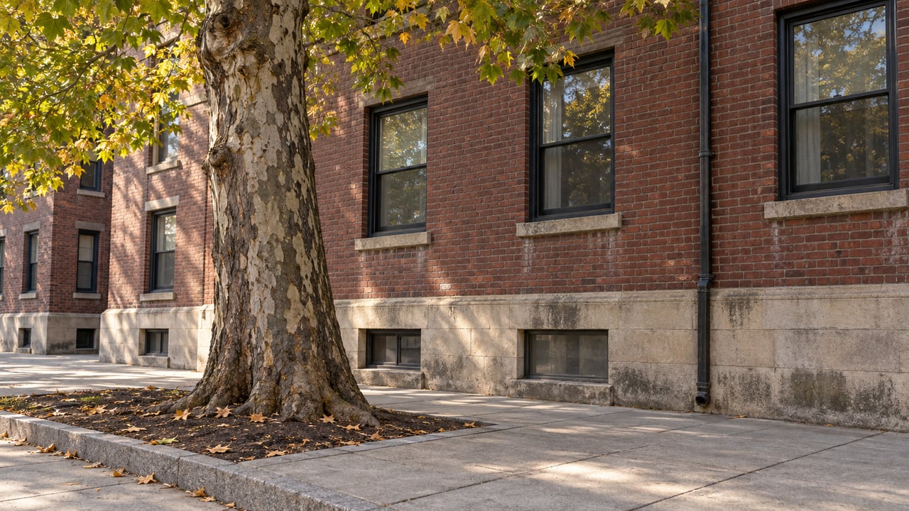 Mature plane tree beside a paved path, with dark-red brick apartments and limestone at their base.