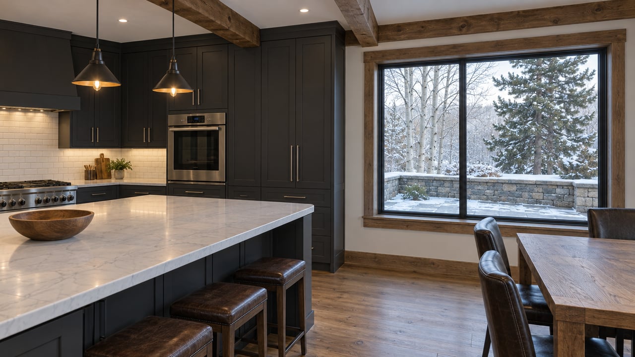 Timber-beamed kitchen with charcoal cabinetry, a white quartz island, and snow visible through a large wood-cased window.