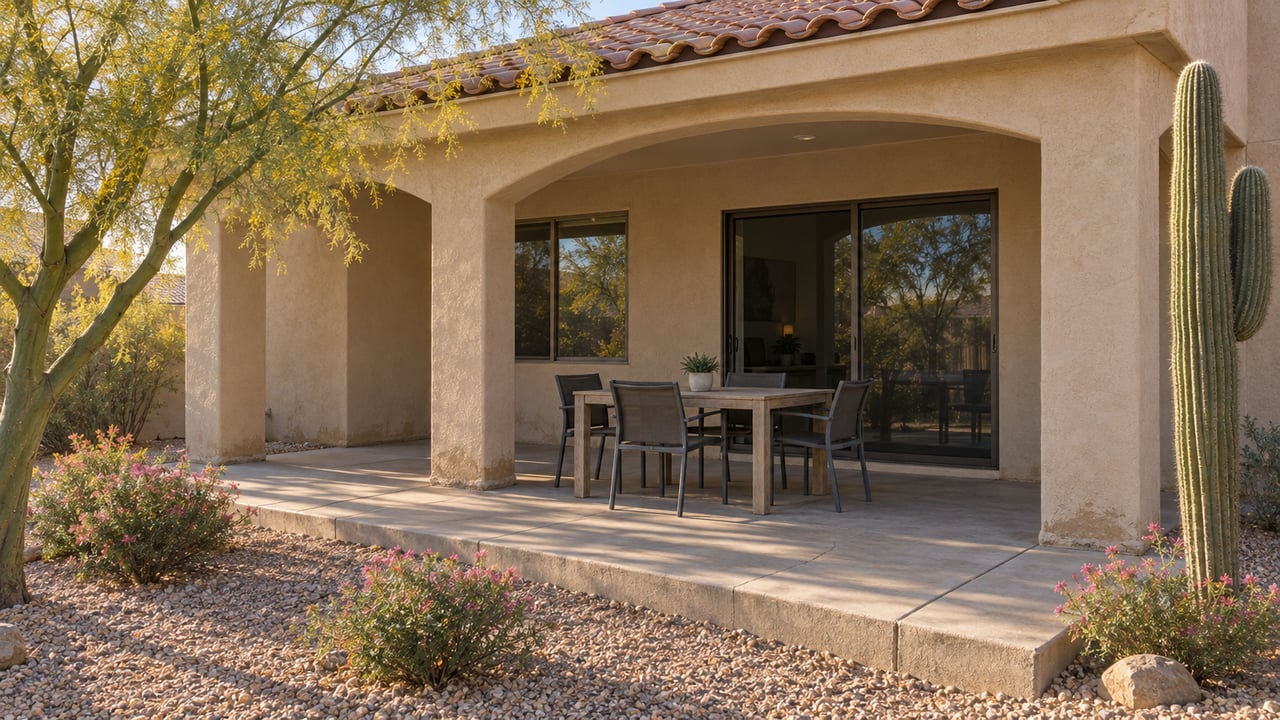 Sand-colored stucco home with an arched covered patio, a teak dining table and desert planting beside a concrete terrace.