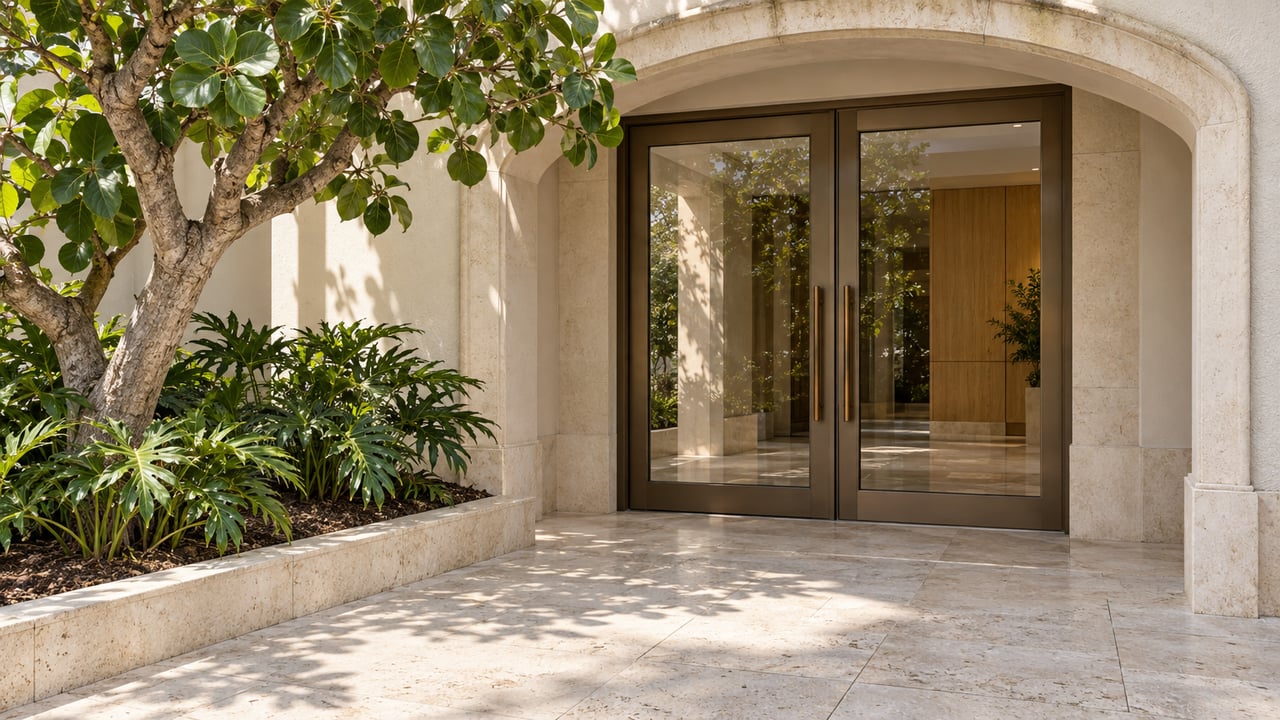 Cream stucco condominium entrance with paired bronze-framed glass doors, pale limestone paving and a sculptural sea grape tree beside a raised planting bed.
