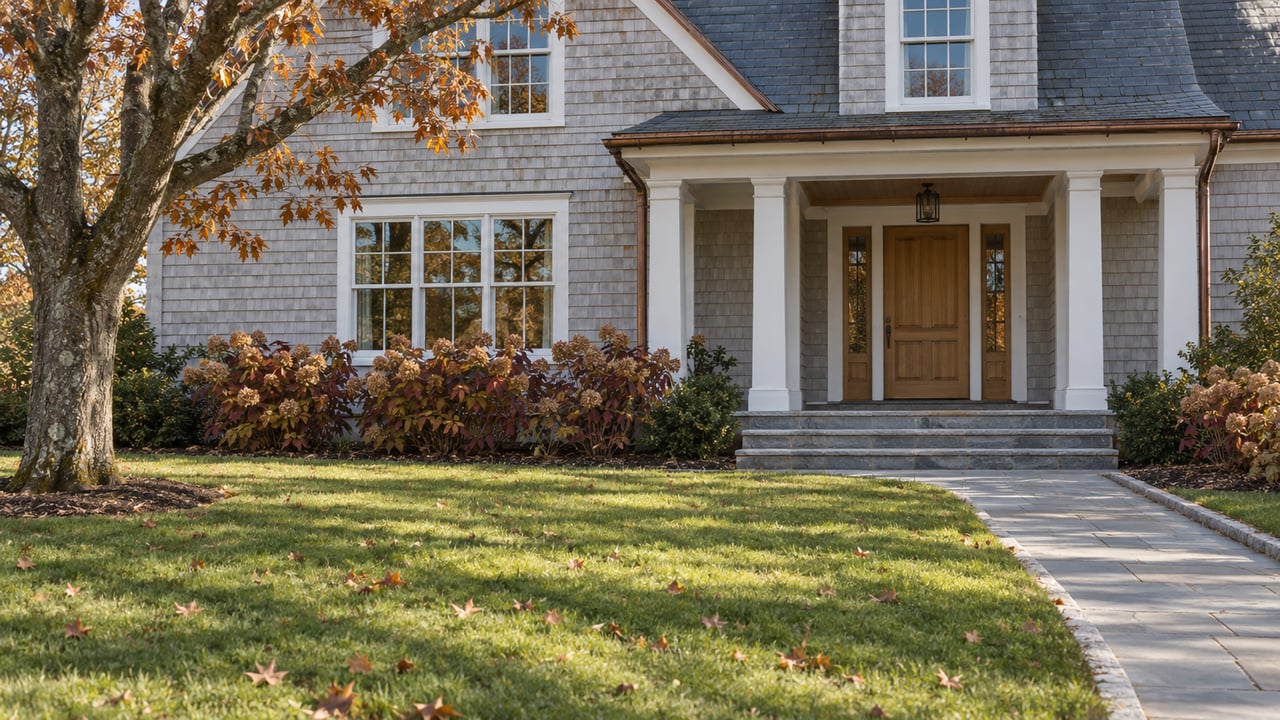 Pale-gray shingled home with a sheltered oak entry, bluestone steps and a deep autumn lawn beneath a maple tree.