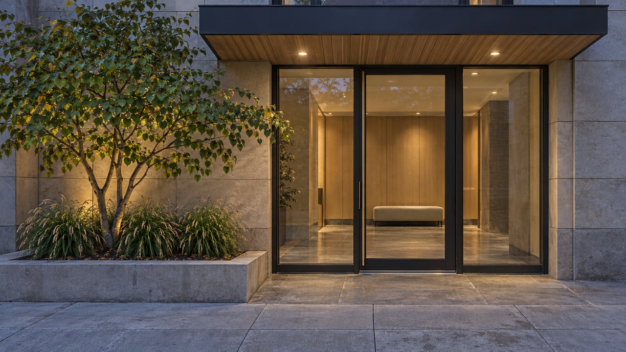 Blue-hour condominium entrance with limestone walls, wood canopy, black-framed glass and a redbud in a raised stone planter.