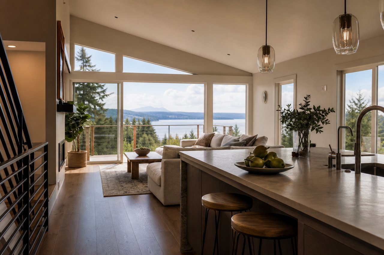 Open-plan living room and kitchen with vaulted ceilings and expansive waterfront views.
