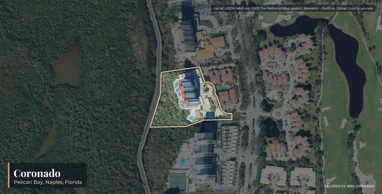 Aerial view of Coronado at Pelican Bay, Naples, Florida, with its parcels outlined