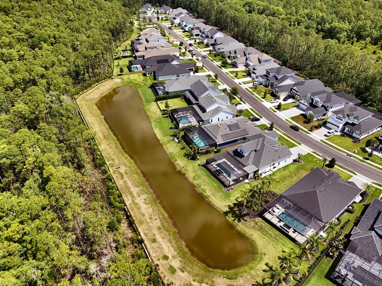 Aerial view of a long pond between Palm Crest homes with screened lanais and a wall of preserve.