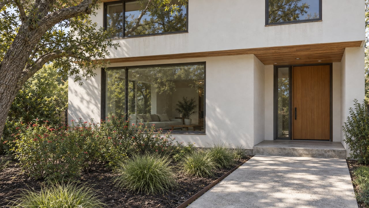 Contemporary white-stucco home with cedar eaves, bronze-framed windows, a wood entrance door and an oak-shaded garden beside a concrete approach.