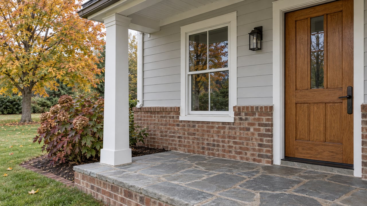 A covered residential porch with an oak front door, pale siding, brick walls and worn stone paving beside an autumn maple.