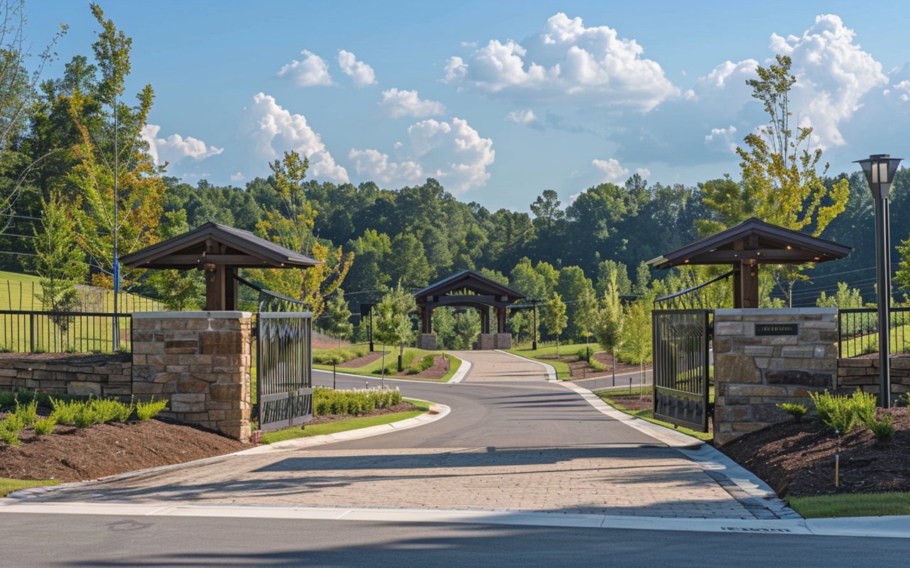 Creekside at Station Camp entrance with stone pillars, black gates, and peaked timber gatehouses.