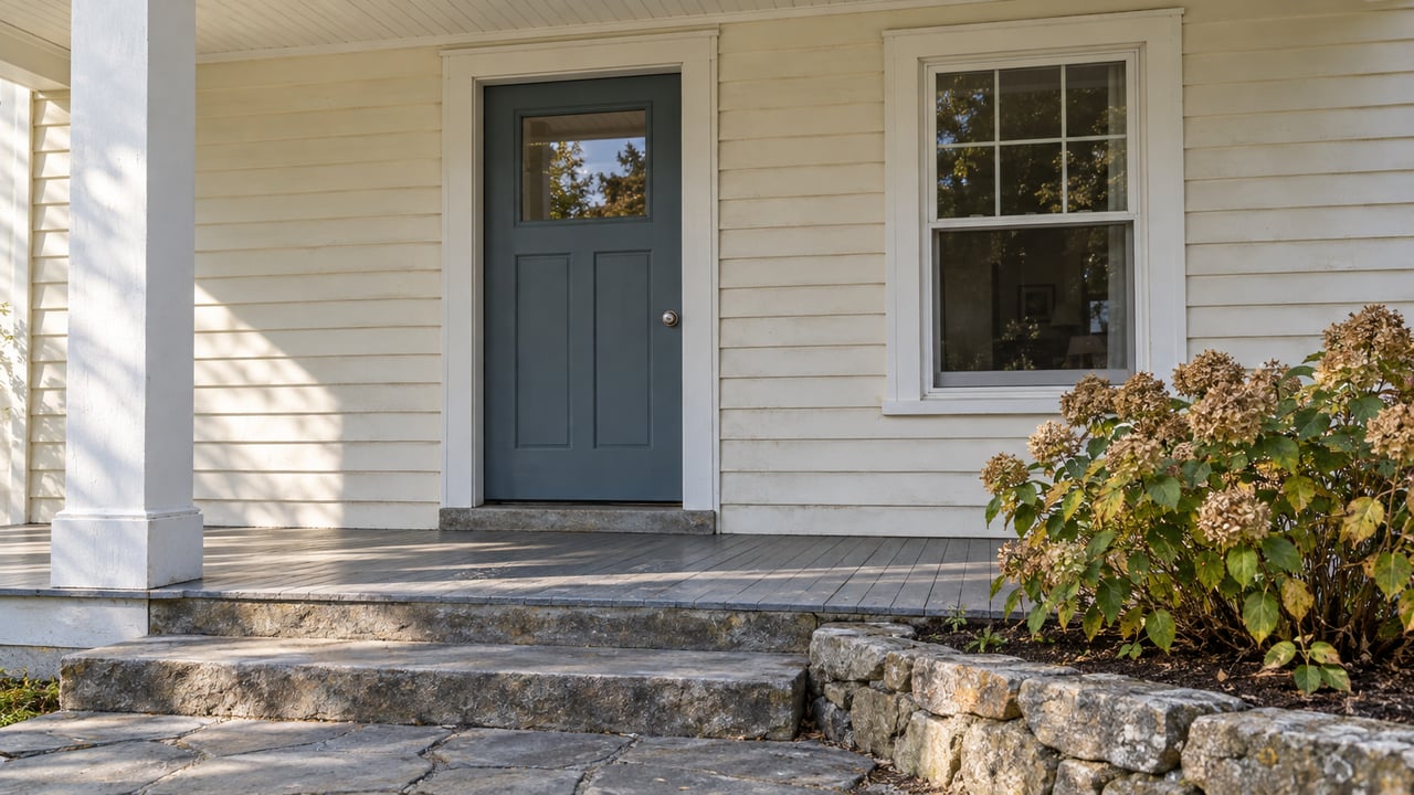 Cream clapboard home with a blue-gray door, white porch trim, weathered bluestone steps and tawny hydrangea flower heads.