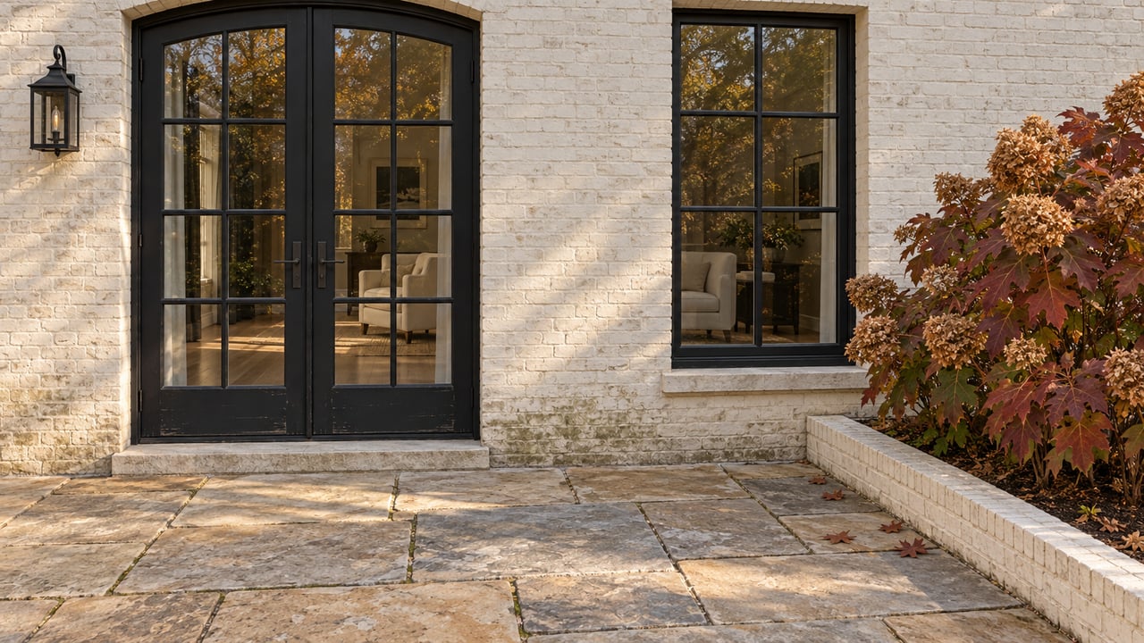 Painted-brick home beside a weathered stone terrace, with black divided-light doors and autumn oakleaf hydrangea.