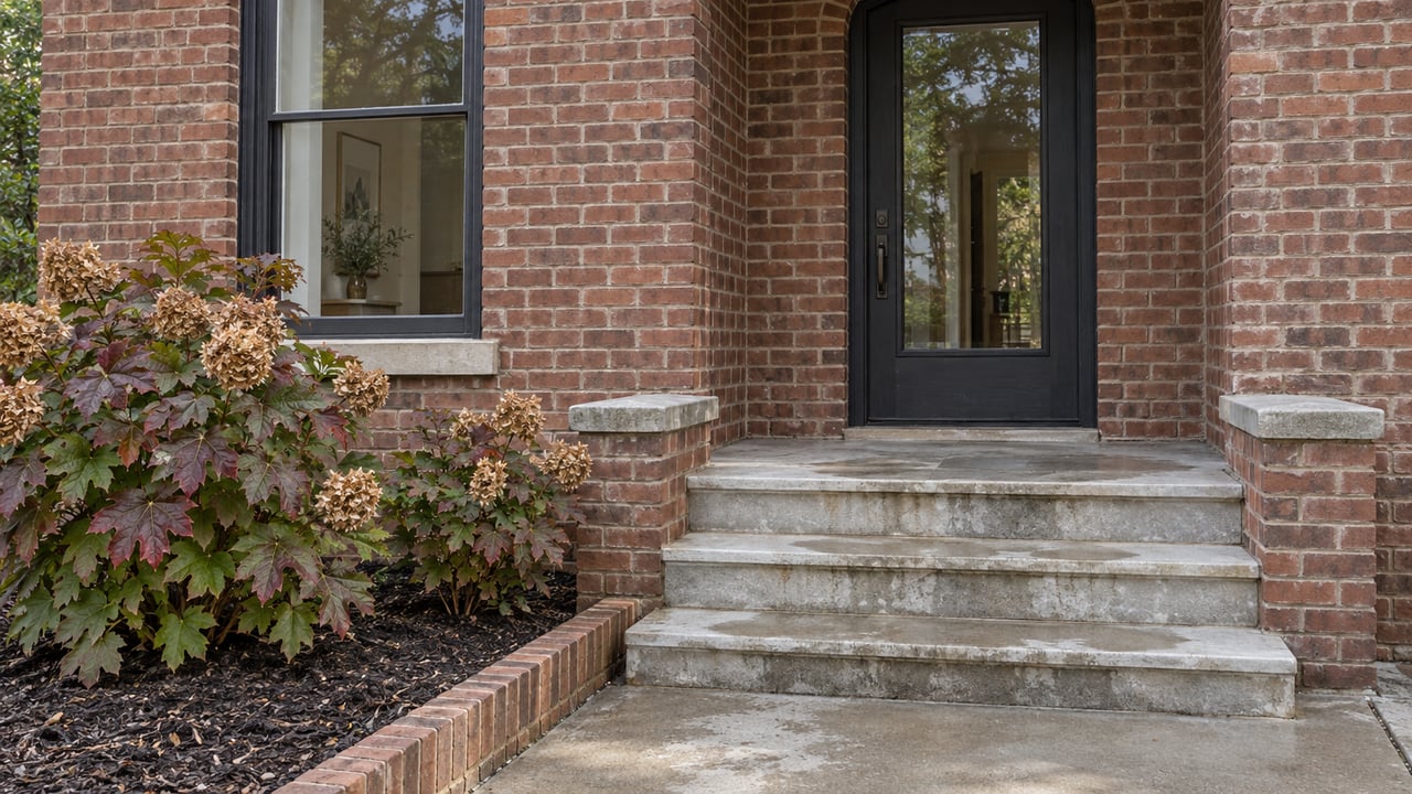 A red-brown brick home's glazed front door and sash window above weathered limestone steps, with oakleaf hydrangeas beside a brick-edged concrete approach.