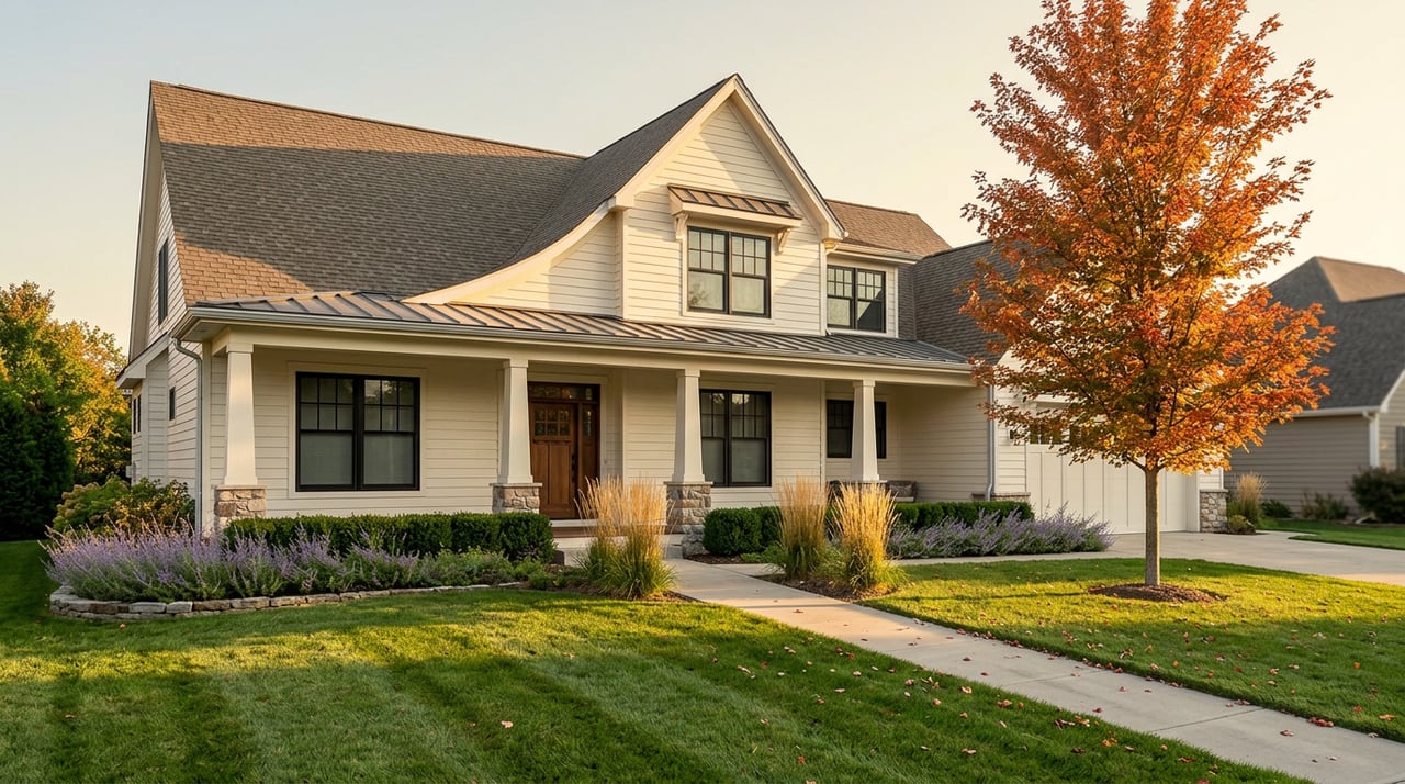 Off-white farmhouse with a covered porch, diagonal walkway, and orange-red maple beside the lawn.