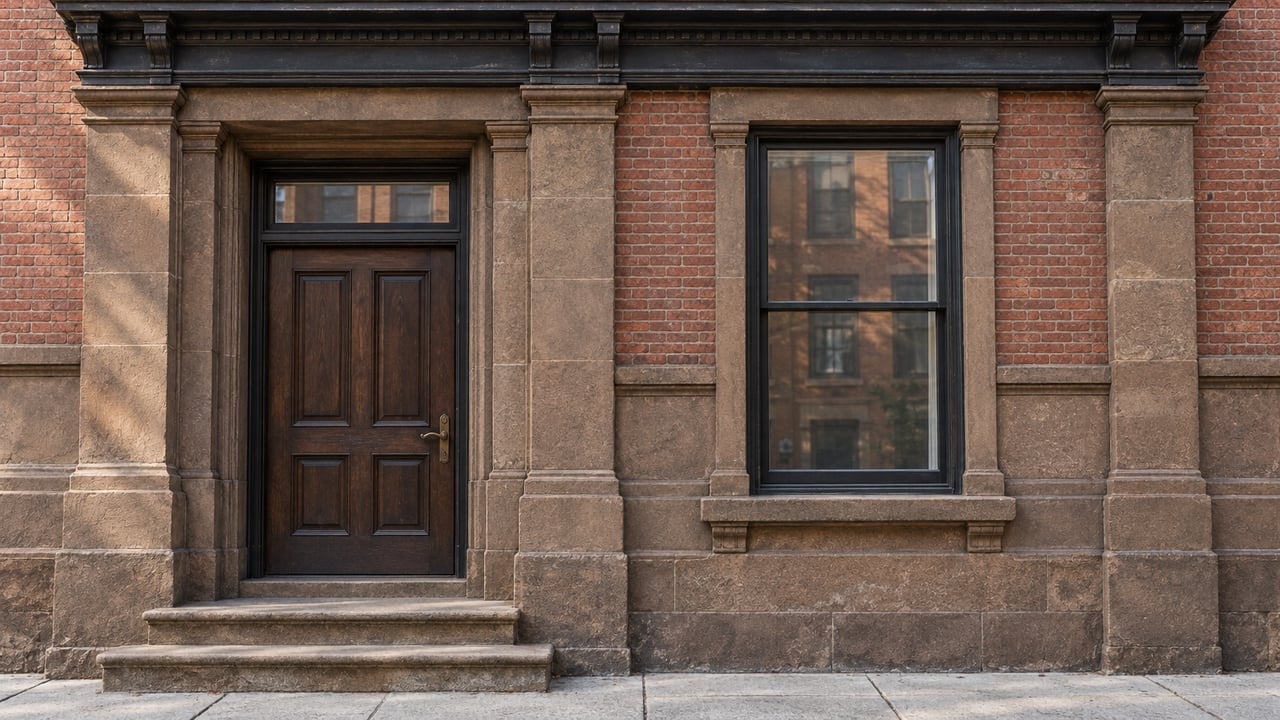 Warm sandstone and red-brick townhouse facade with a recessed dark oak door, tall sash windows and worn stone entrance steps.
