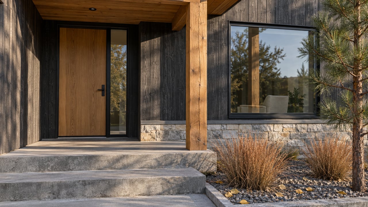 Afternoon light across a timber-clad home entrance, stone base, concrete steps and copper-colored autumn grasses.