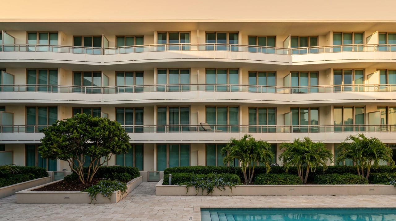 Sunlit condominium facade with stacked curved balconies, glass doors, and a landscaped pool deck.