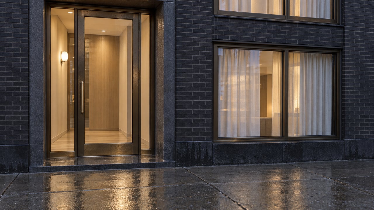 Rain-darkened brick and basalt frame a warmly lit glazed residential entrance beside bronze-framed windows.