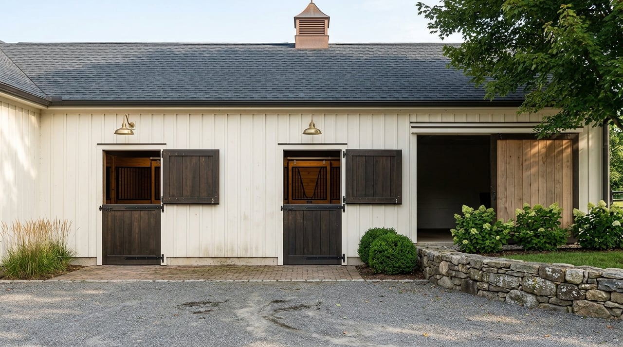 White barn-style building with two dark shuttered windows, a wide open doorway, and a stone wall.