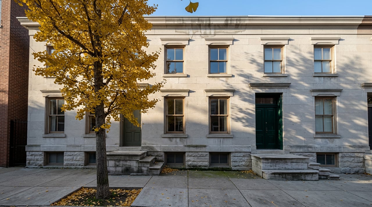 Limestone rowhouse with a green door, worn stone stoop, and golden ginkgo tree beside the sidewalk.