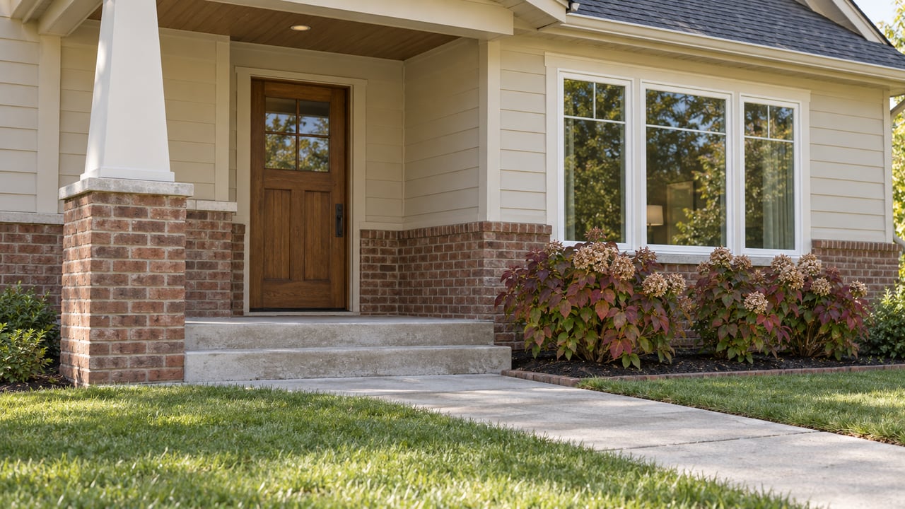 House entrance with a covered porch, wooden door, brick base, and flowering shrubs.