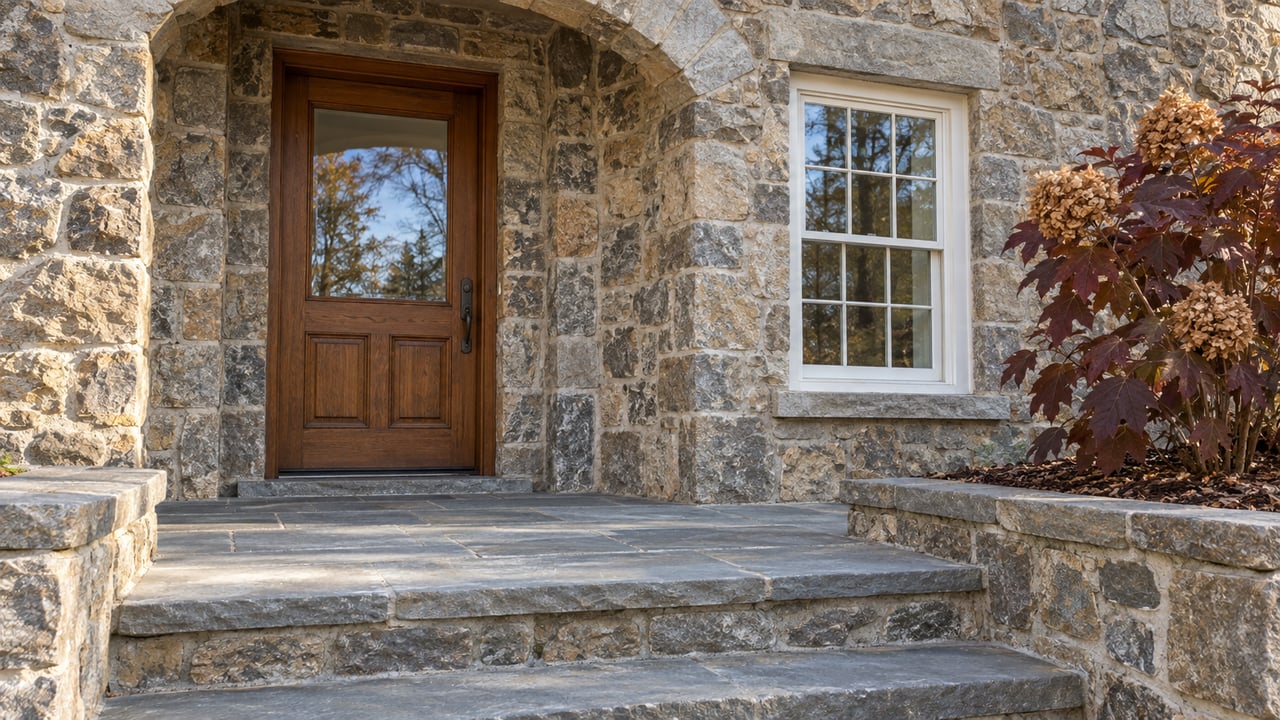 An oak front door beneath a fieldstone arch beside a white sash window, with worn flagstone steps and burgundy oakleaf hydrangea.