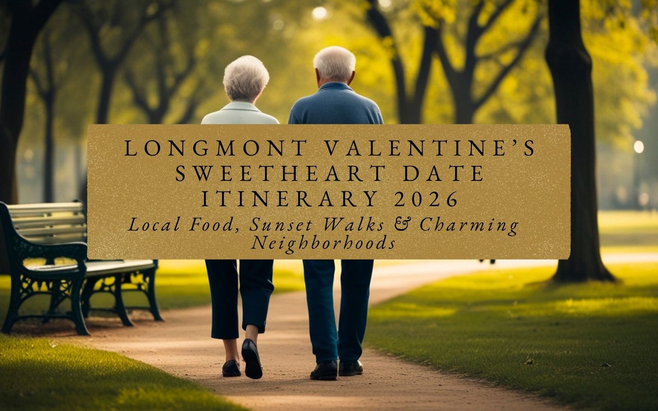 Couple walking hand-in-hand along a Longmont neighborhood path at sunset, with nearby homes and distant mountains in view