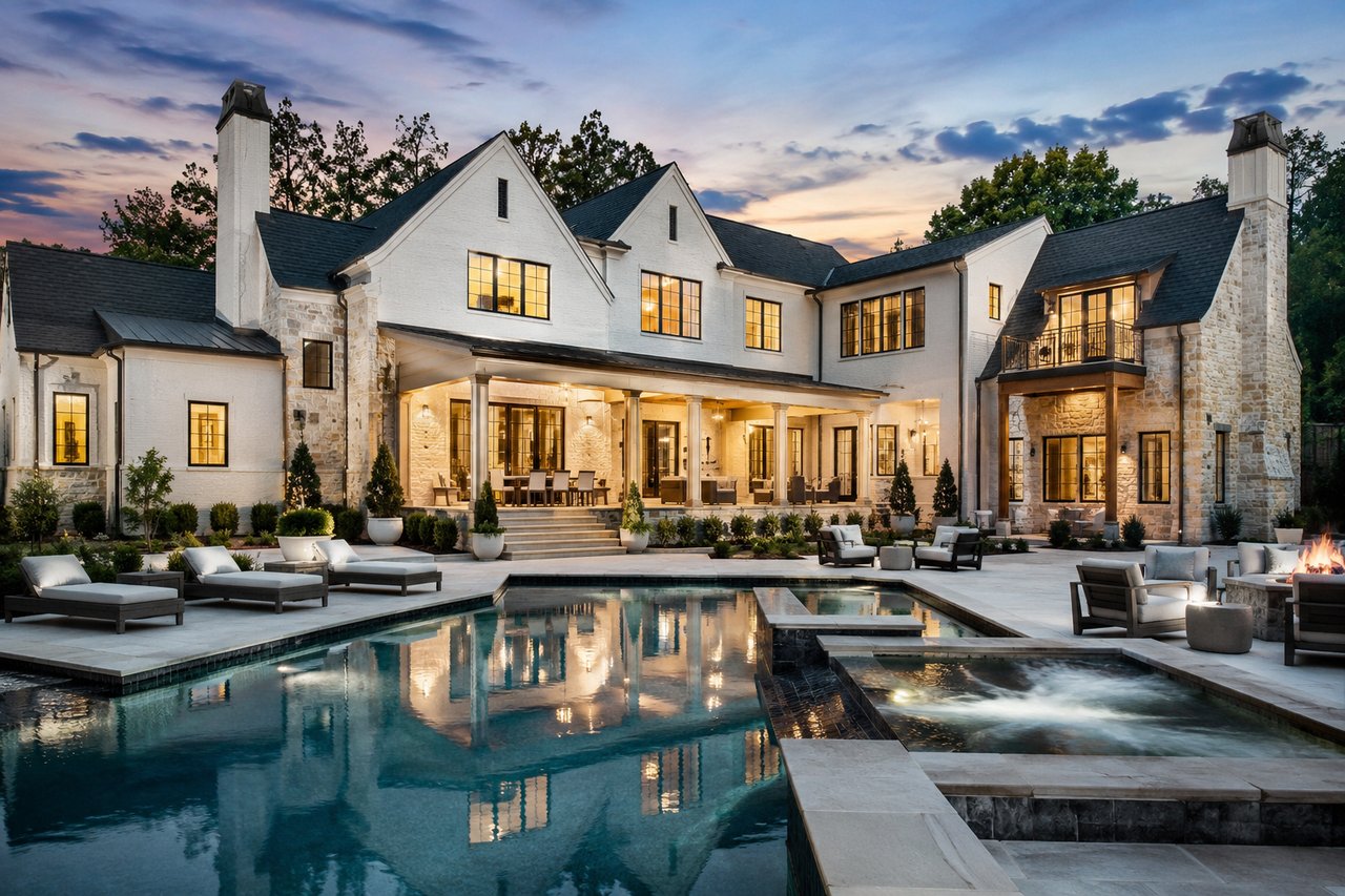 Luxury custom-built home in Nashville, Tennessee featuring timeless architecture, resort-style outdoor living, premium craftsmanship, and high-end design, representing the quality of Nashville's best custom home builders.