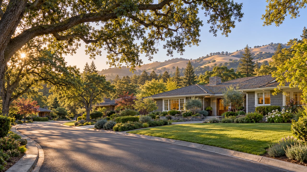 Residential street with detached homes, mature trees, and rolling hills in golden-hour light.