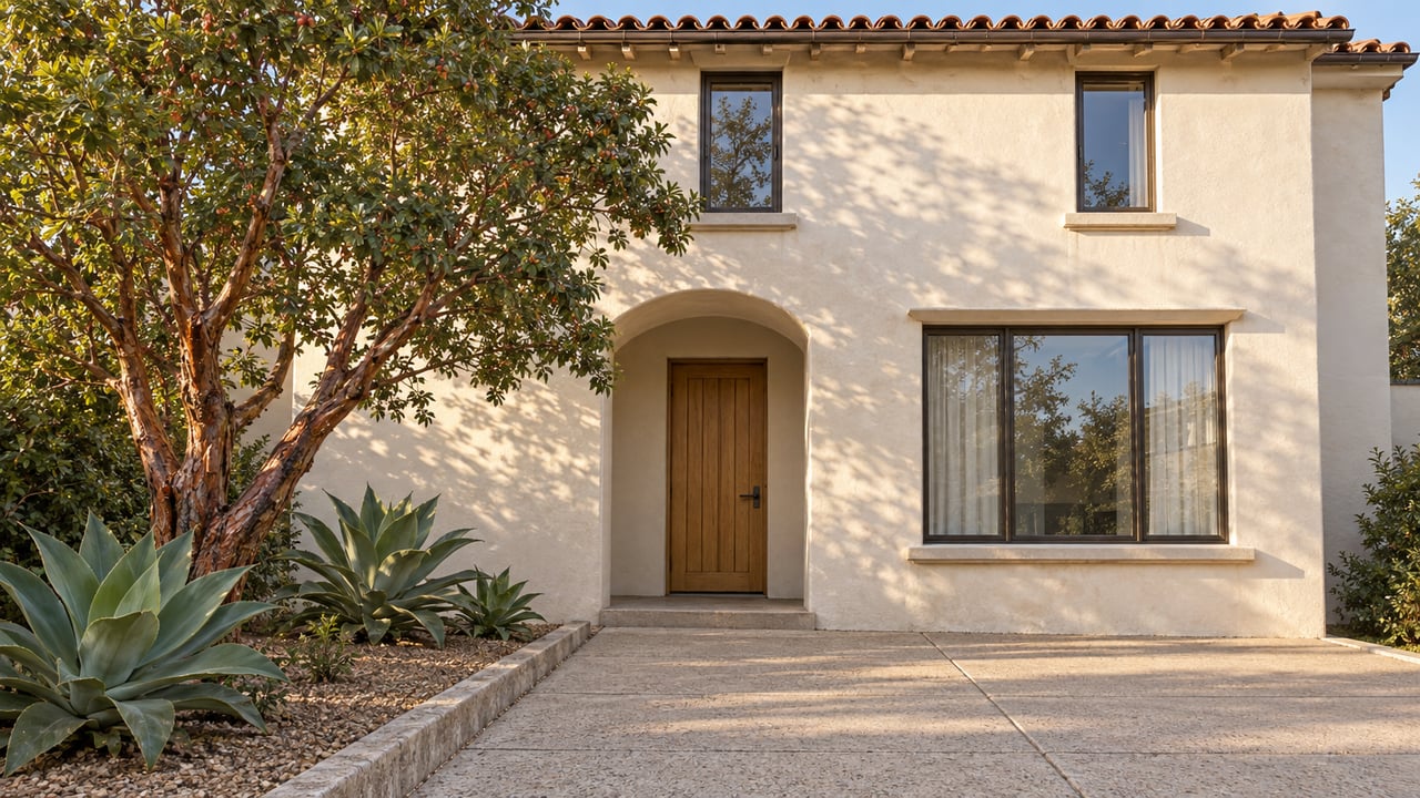 Ivory stucco home with a clay tile roof, arched oak entry and a sculptural tree beside a concrete approach in soft morning light.