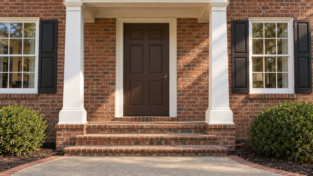 Close view of a red-brick home's white-columned entry, brown door, black-shuttered windows and curved concrete approach.