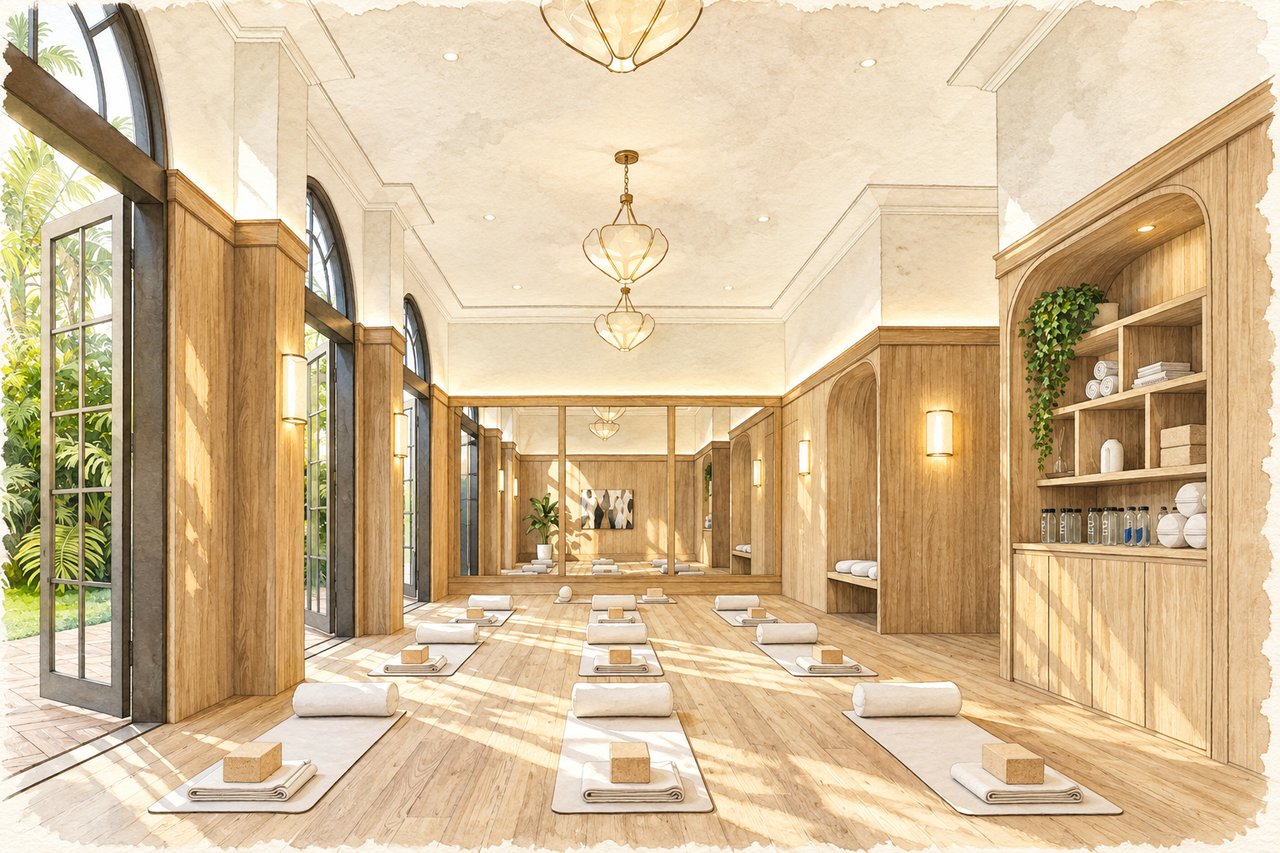 Residential yoga studio with wood paneling, arched windows, and rows of yoga mats.