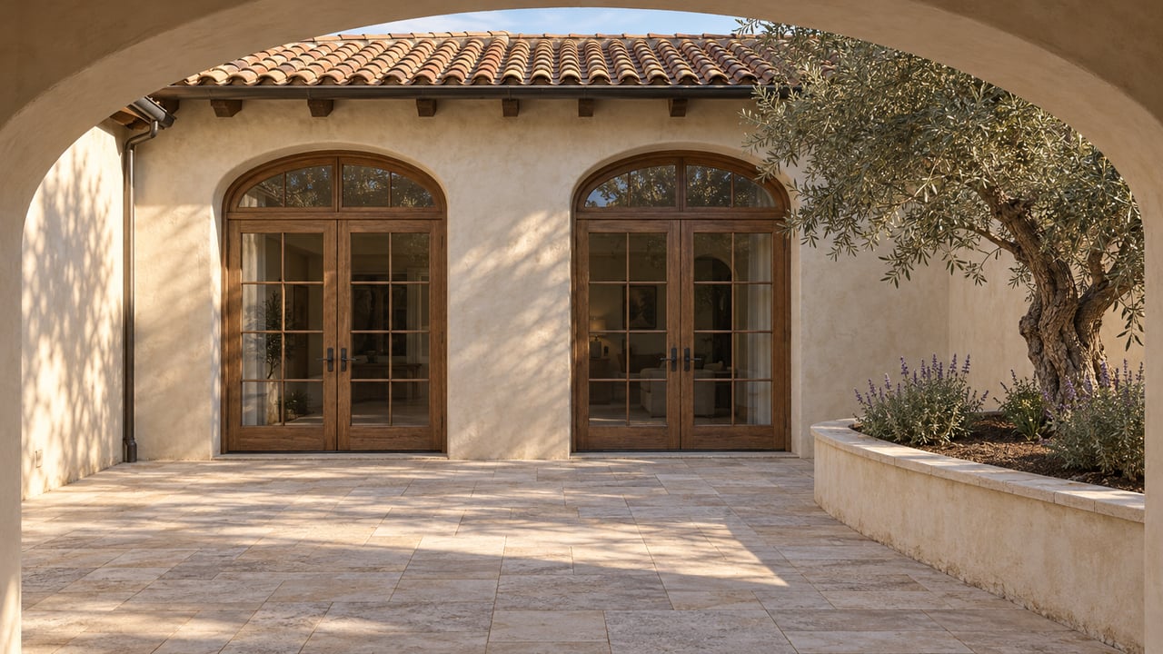 Sunlit limestone courtyard framed by a stucco arch, facing oak French doors beneath a clay-tile roof, with an olive tree in a raised planter.
