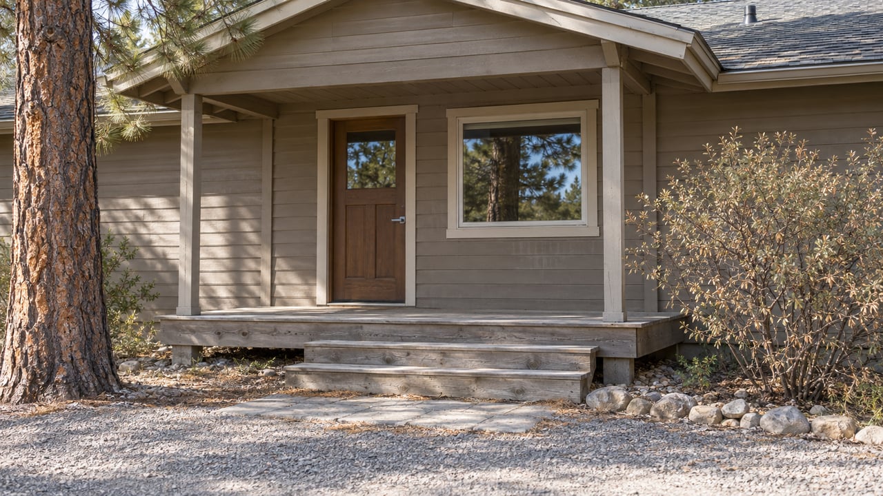 Weathered wooden porch and taupe siding beside a gravel approach, with a ponderosa pine and mountain mahogany.