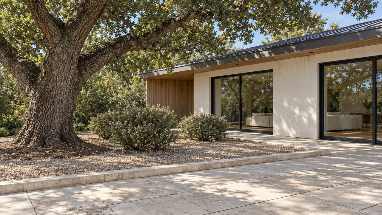 Mature oak beside a spacious stone terrace and a contemporary home with closed glass doors and a carefully planted dry garden.