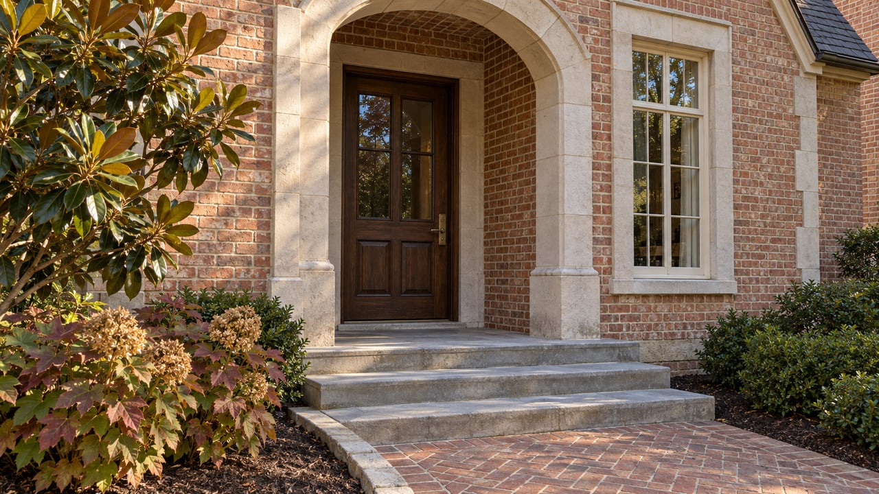 Recessed oak entrance framed by pale limestone and warm brick, with broad stone steps and magnolia and oakleaf hydrangea planting.