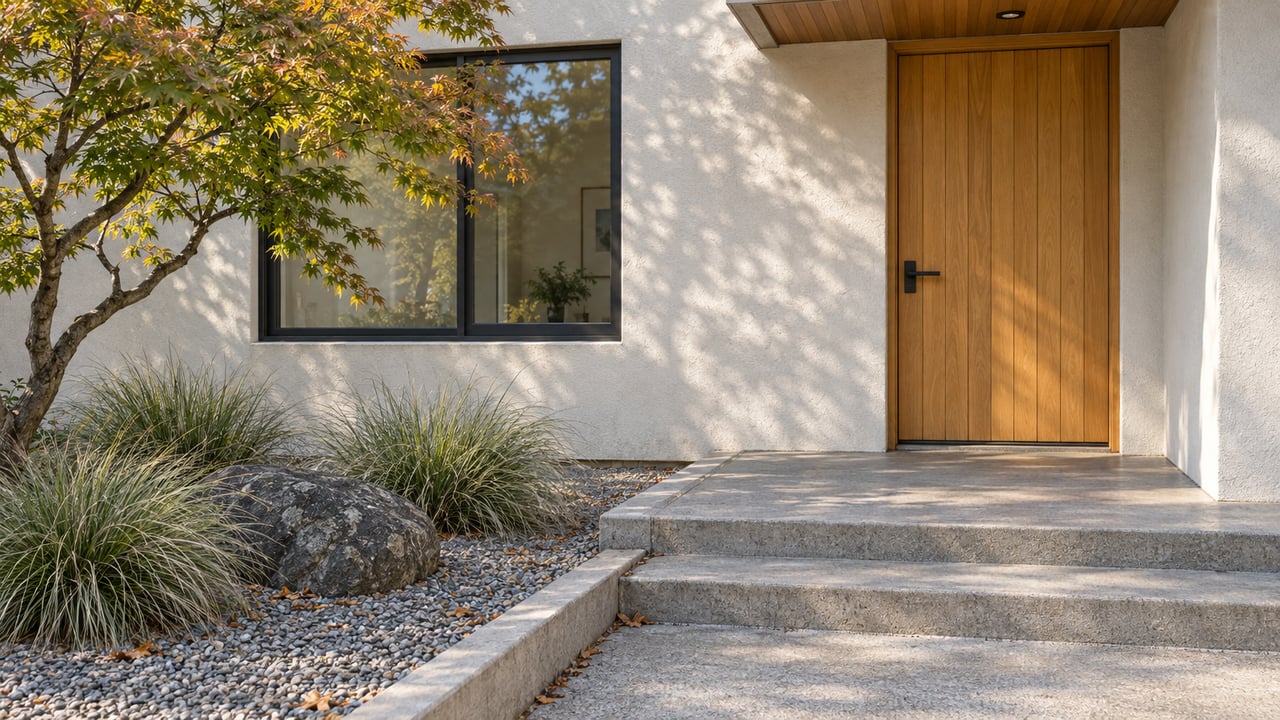 Sunlit stucco home entrance with an oak door, concrete steps and a Japanese maple beside a gravel planting bed.