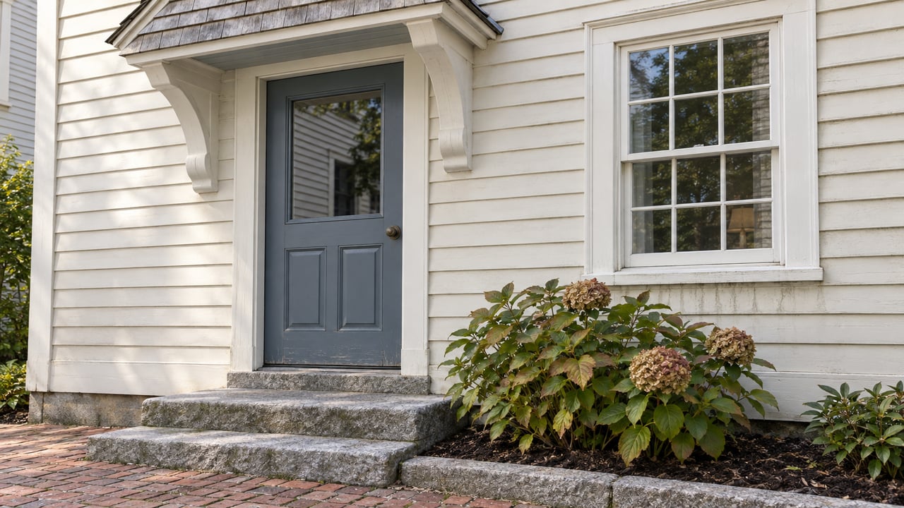 Ivory clapboard home with a blue-gray front door, cedar-shingled entry hood, granite steps and a hydrangea beside a brick walk.