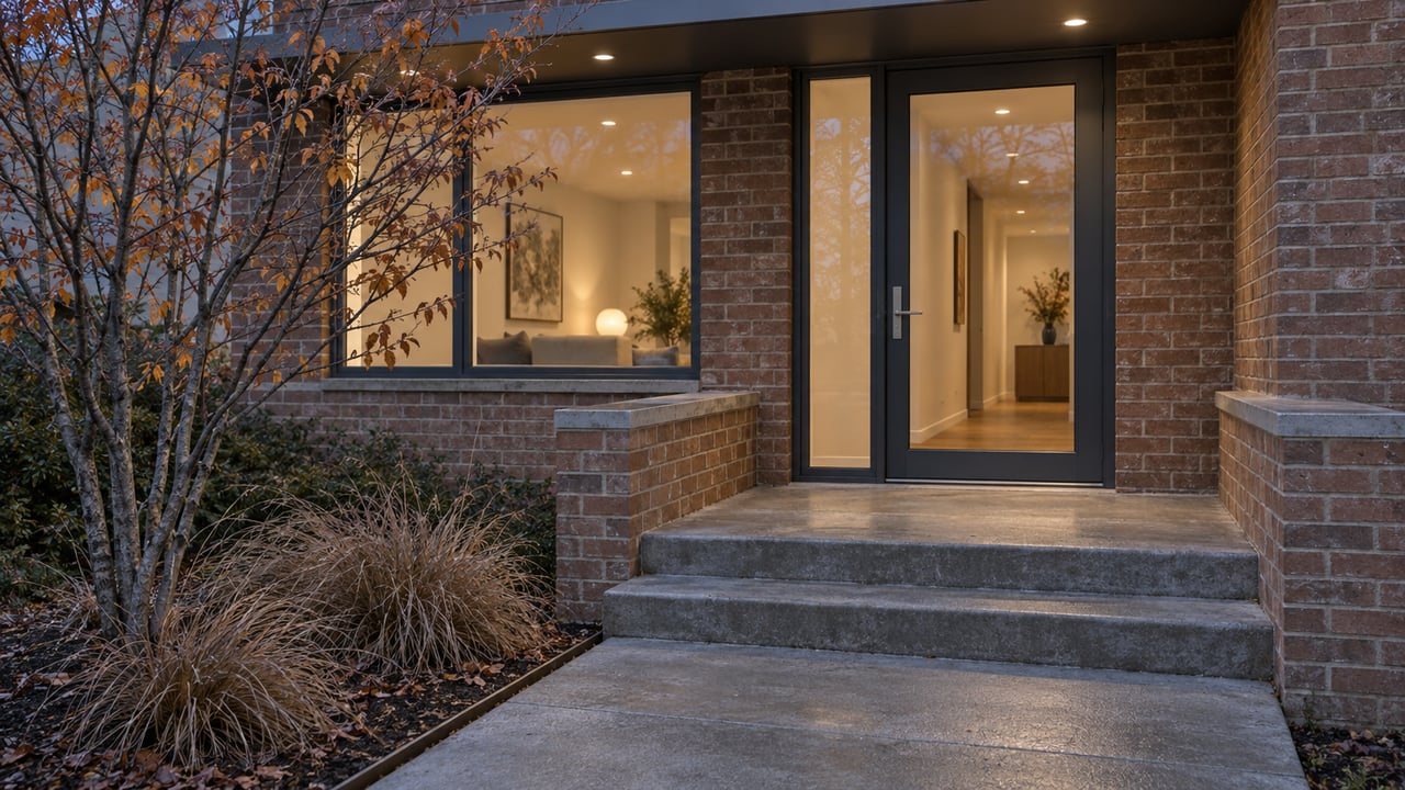 A weathered brick home entry at blue hour with a slim dark canopy, glazed door, concrete steps and a small copper-leaved tree.