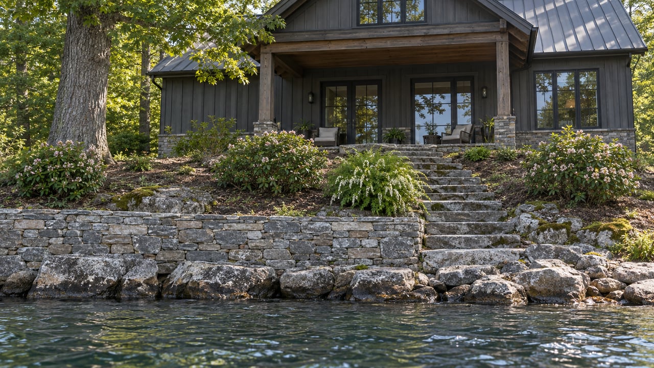 Lakeside home with a covered porch above a terraced stone bank, worn steps, and oak branches.