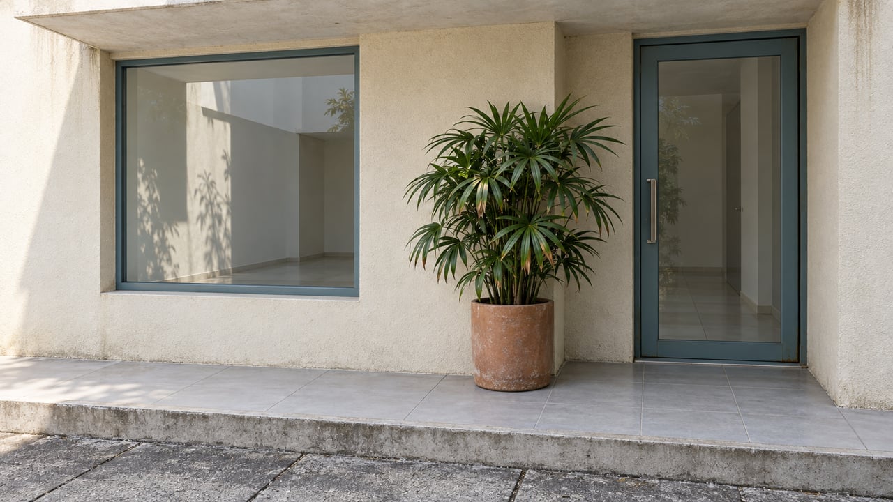 Cream stucco home with a blue-green framed glass entrance, pale tiled stoop and a potted lady palm under a concrete canopy.