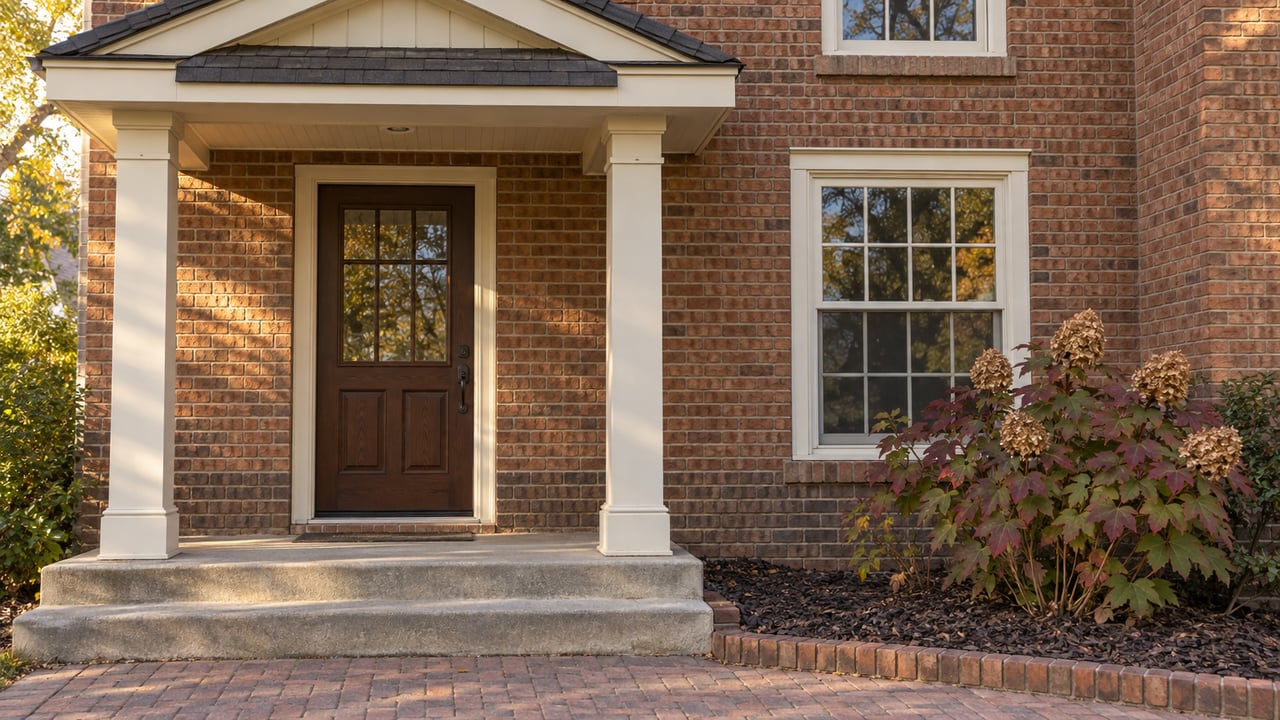 Warm brick home with a sheltered walnut entry, cream sash window, worn concrete steps and burgundy oakleaf hydrangea.